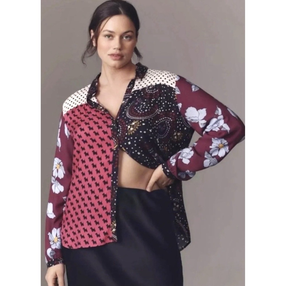 Maeve Anthropologie The Paz Button-down Patchwork Top Small Pink Mixed Print Dog